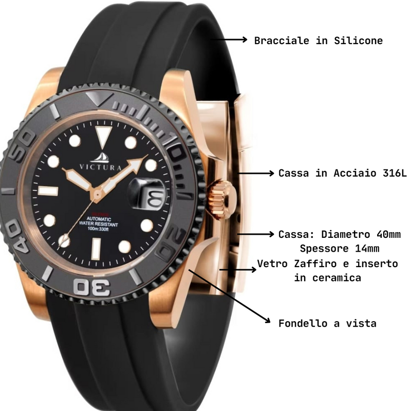 Silent Master Rubber Rose Gold & Black - orologio Automatico con cinturino in silicone subacqueo premium