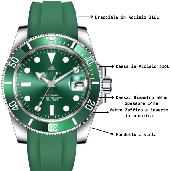 Silent Rubber Emerald - orologio Automatico con cinturino in silicone subacqueo premium